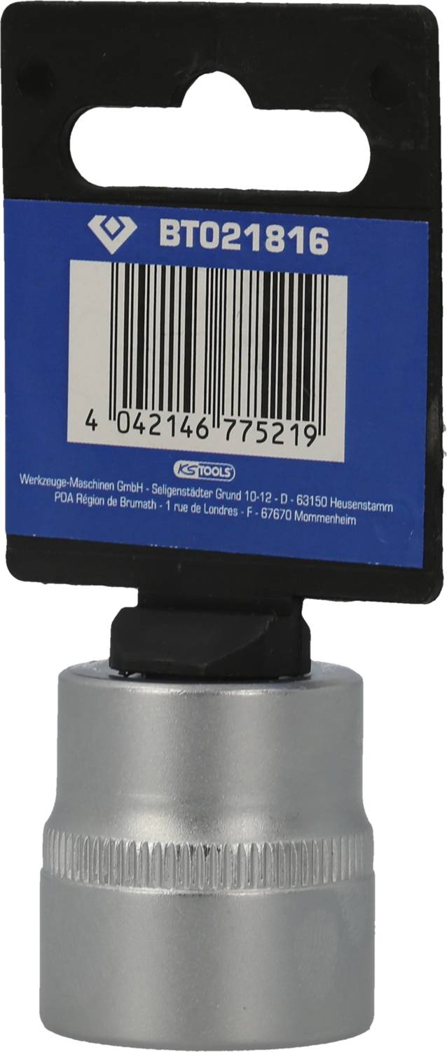 'BT021816' Steckschlüsseleinsatz mit Euroloch-Aufhängung. Silberfarben, Produktcode sichtbar. Verpackung mit Barcode und Herstellerangaben.