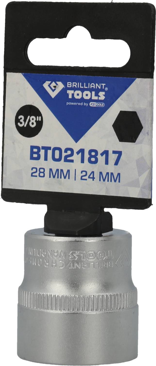 Sockelwerkzeug mit 3/8-Zoll-Antrieb, gekennzeichnet als 'BT021817', geeignet für 28 mm und 24 mm Muttern. Verpackt für Verkauf.