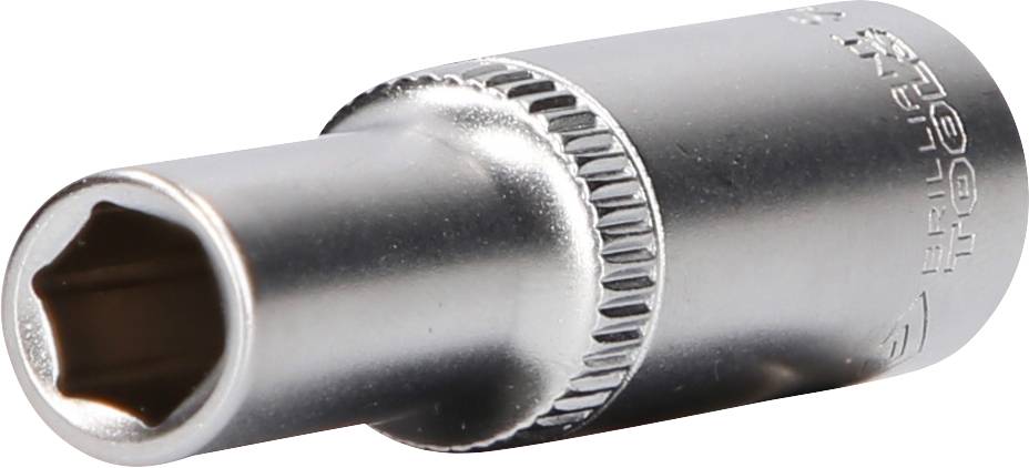 Ein silbernes Steckschlüsseleinsatz-Werkzeug aus Metall mit geriffeltem Griff, geeignet für Schraubarbeiten an mutmaßlich kleinen bis mittleren Schraubengrößen.