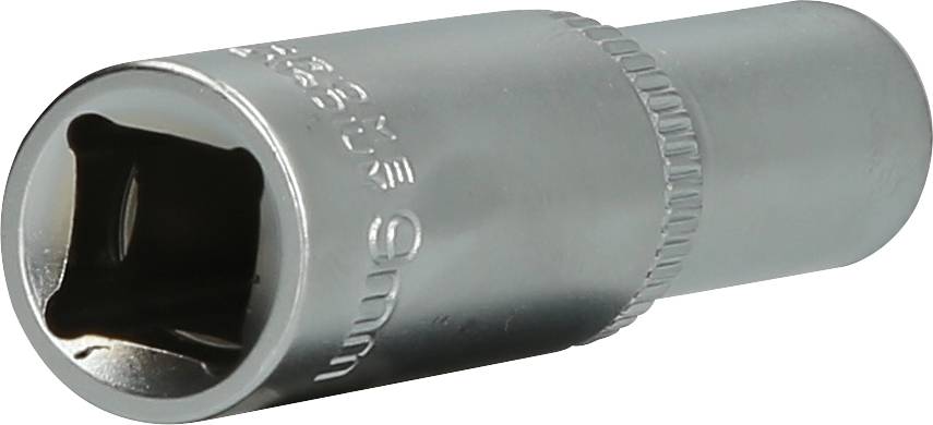 Stecknuss aus Metall, 9 mm, zylindrische Form mit gerändeltem Rand, dient zum Lösen oder Festziehen von Muttern und Schrauben.