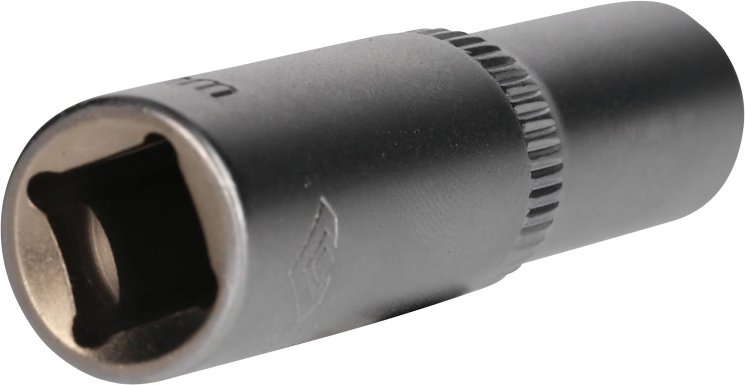 Ein schwarzer Steckschlüsseleinsatz mit Vierkant-Aufnahme. Geeignet für den Einsatz mit Drehmomentwerkzeugen.