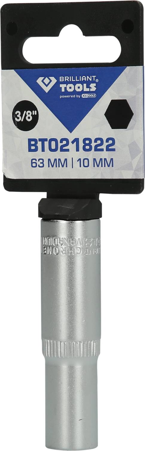 Steckschlüssel-Einsatz 'Brilliant Tools, 3/8 Zoll, 63 mm Länge, 10 mm Sechskant', geeignet für Werkstattarbeiten.