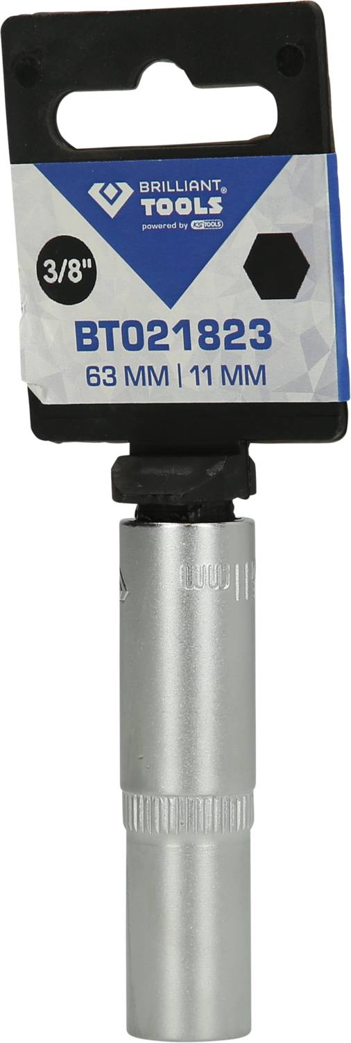 Bild eines Brilliant Tools Steckschlüssels mit der Artikelnummer BT021823, 63 mm Länge und 11 mm Größe. Verpackung sichtbar.