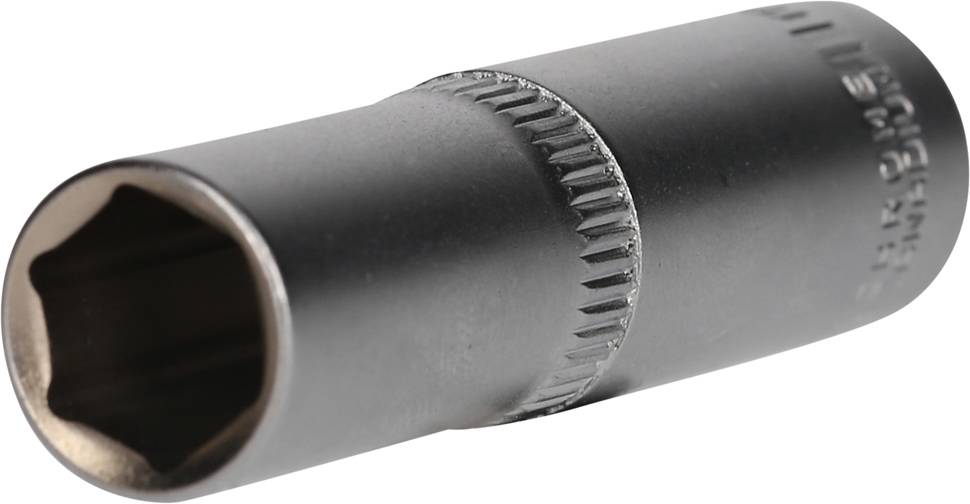 Sechskant-Stecknuss aus Metall, zylindrische Form, gerändelte Oberfläche für besseren Griff. Hauptsächlich in der Mechanik verwendet.