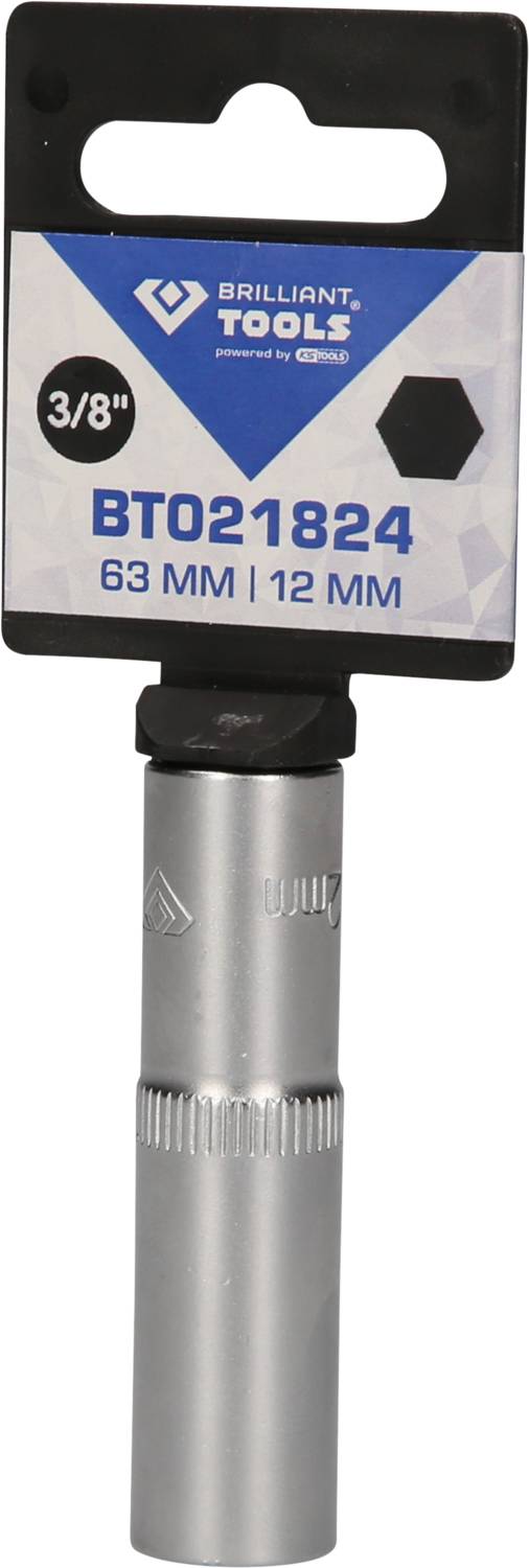 Ein silberner Aufsatz mit einer Verpackung, die 'BRILLIANT TOOLS' und die Modellnummer 'BT021824' zeigt. Größe: 63mm | 12mm.