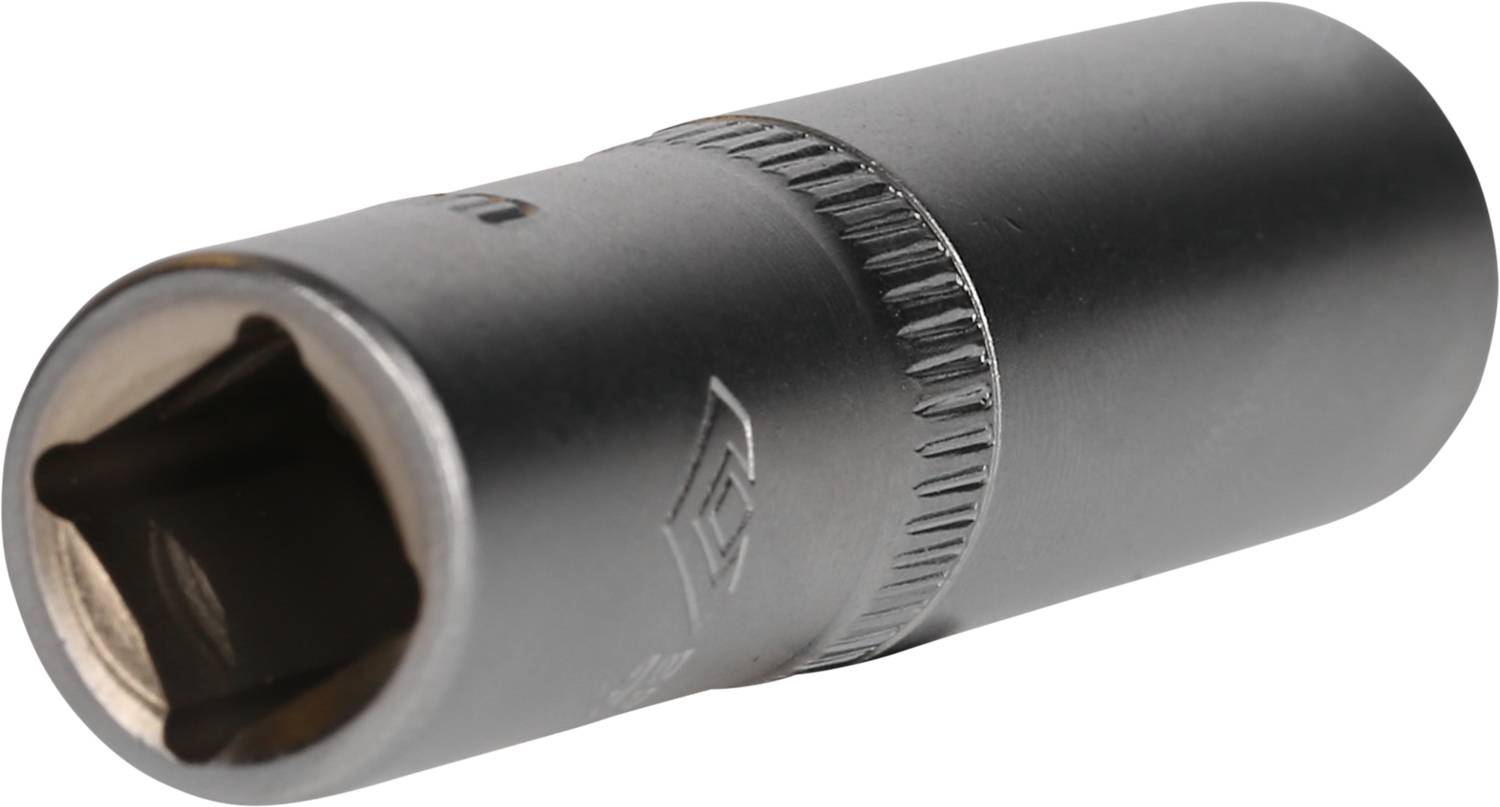 Schwarzer Steckschlüssel mit sechseckiger Öffnung, geeignet für Ratschen oder Schraubenschlüssel.