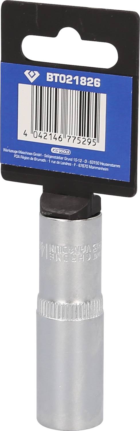 Metallsteckschlüssel mit mattem Finish und langer Verlängerung, Etikett mit Strichcode und Produktnummer oben befestigt.