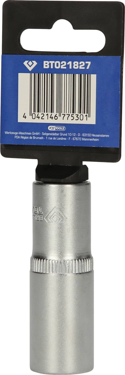 Ein silbernes Werkzeug mit blauer Verpackung. Obere Etikett zeigt 'BT021827' und einen Barcode. Gebrauchsanleitung auf unterem Teil.