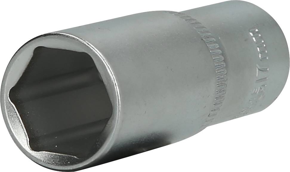 Sechskant-Steckschlüssel, silbern und aus Metall, zur Befestigung von Muttern oder Schrauben auf Steckschlüsselgriff.