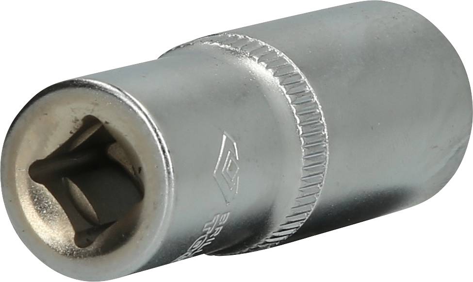 Eine silberne Sechskant-Schraubnuss für Steckschlüssel, zylindrisch mit geriffeltem Griff, aus Metall.