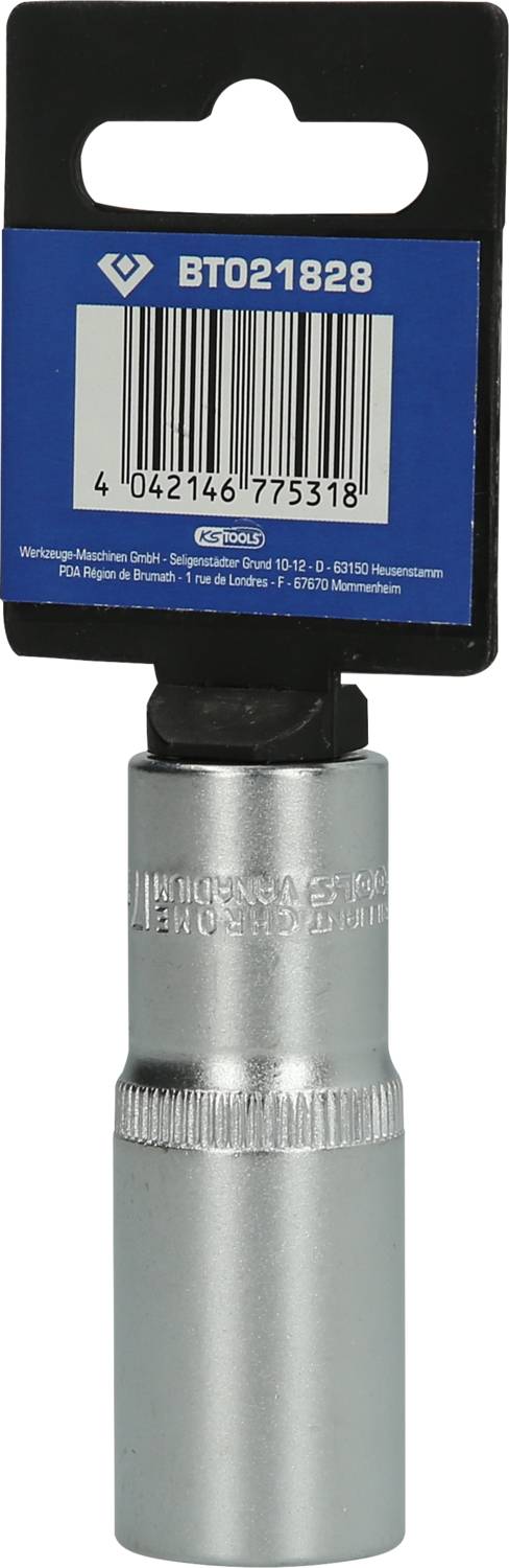 'BT021828'-Steckschlüsselaufsatz mit Barcode und Produktinformationen auf der Verpackung, geeignet für Sechskantschrauben.