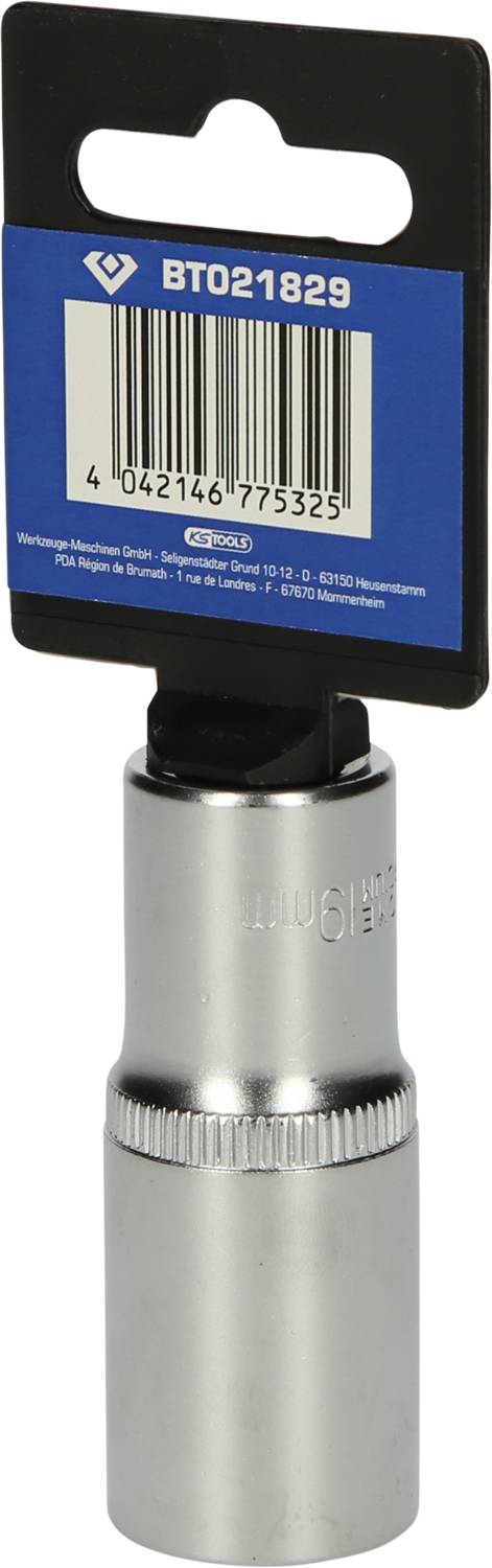 'Größe 19 Zündkerzenschlüssel' auf grauem Steckschlüssel mit schwarzem Etikett der Marke Draper, Produktcode BTO21829, Barcode sichtbar.