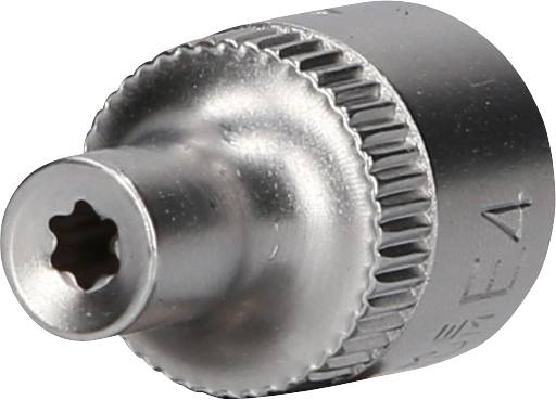 Nahaufnahme eines silbernen Schraubenkopfes mit Innensechsrundprofil und geriffeltem Rand für besseren Halt bei Schraubanwendungen.