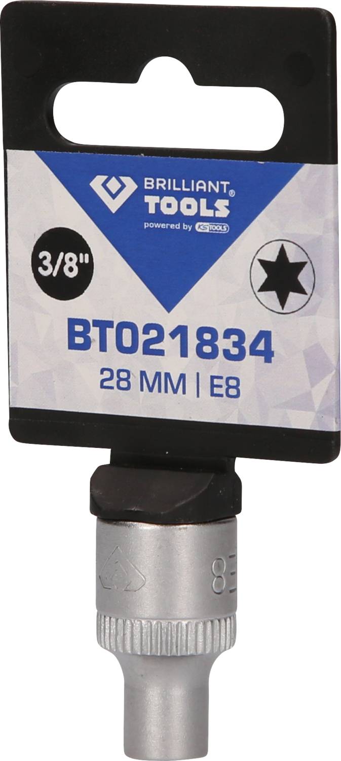 Dreiviertel-Zoll-Einsatz von Brilliant Tools, BT021834, Größe 28 mm, E8, auf schwarzem Kunststoffaufhänger mit Loch.