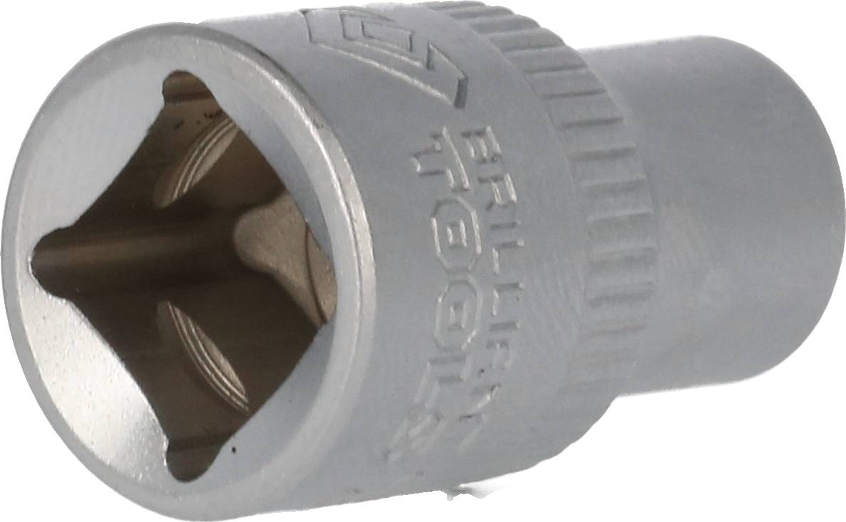 Ein silberner Steckschlüsselaufsatz mit sechseckiger Öffnung und geriffeltem Griff. Markenname 'BRILLIANT TOOLS' ist eingraviert.