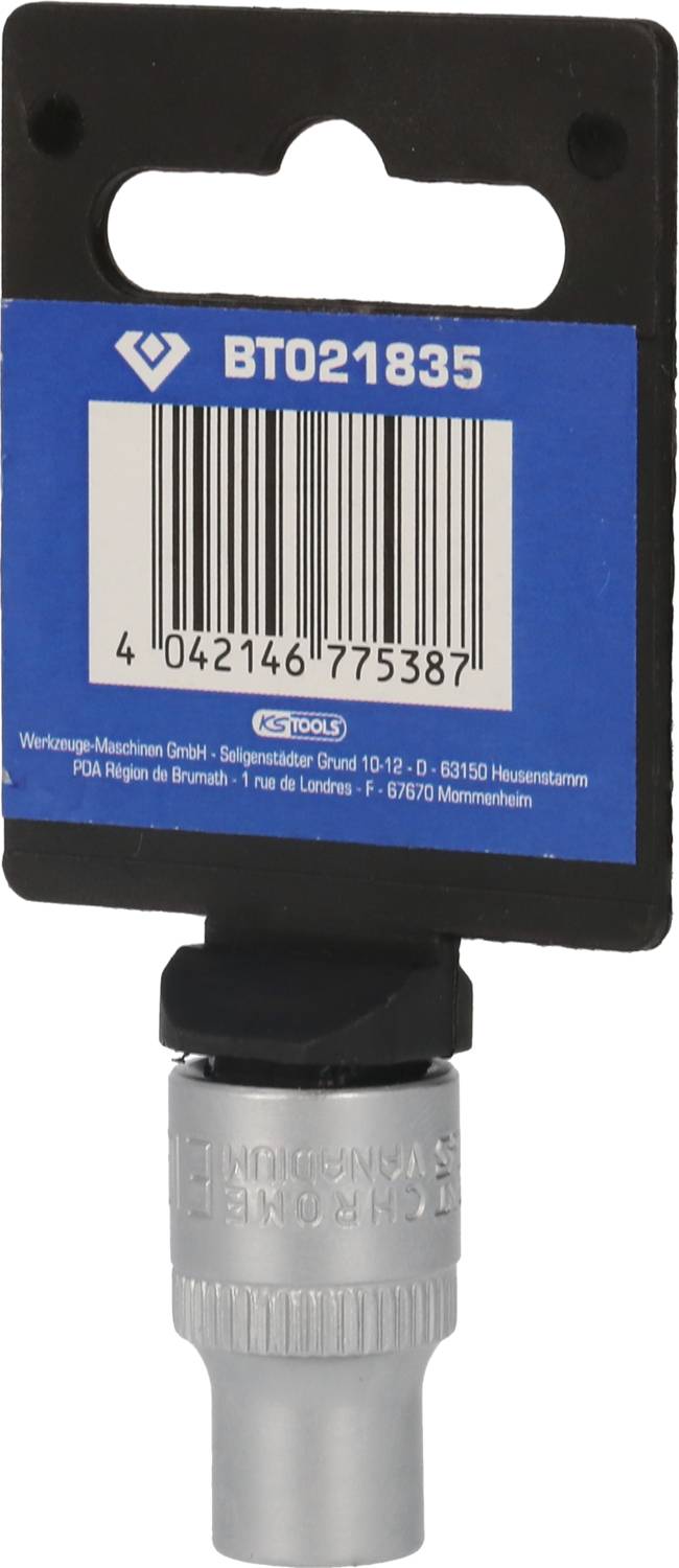 Spark Plug Socket, Größe BT021835, auf einer blauen Verpackung. Schwarzer Halter mit Barcode und Firmeninformationen.
