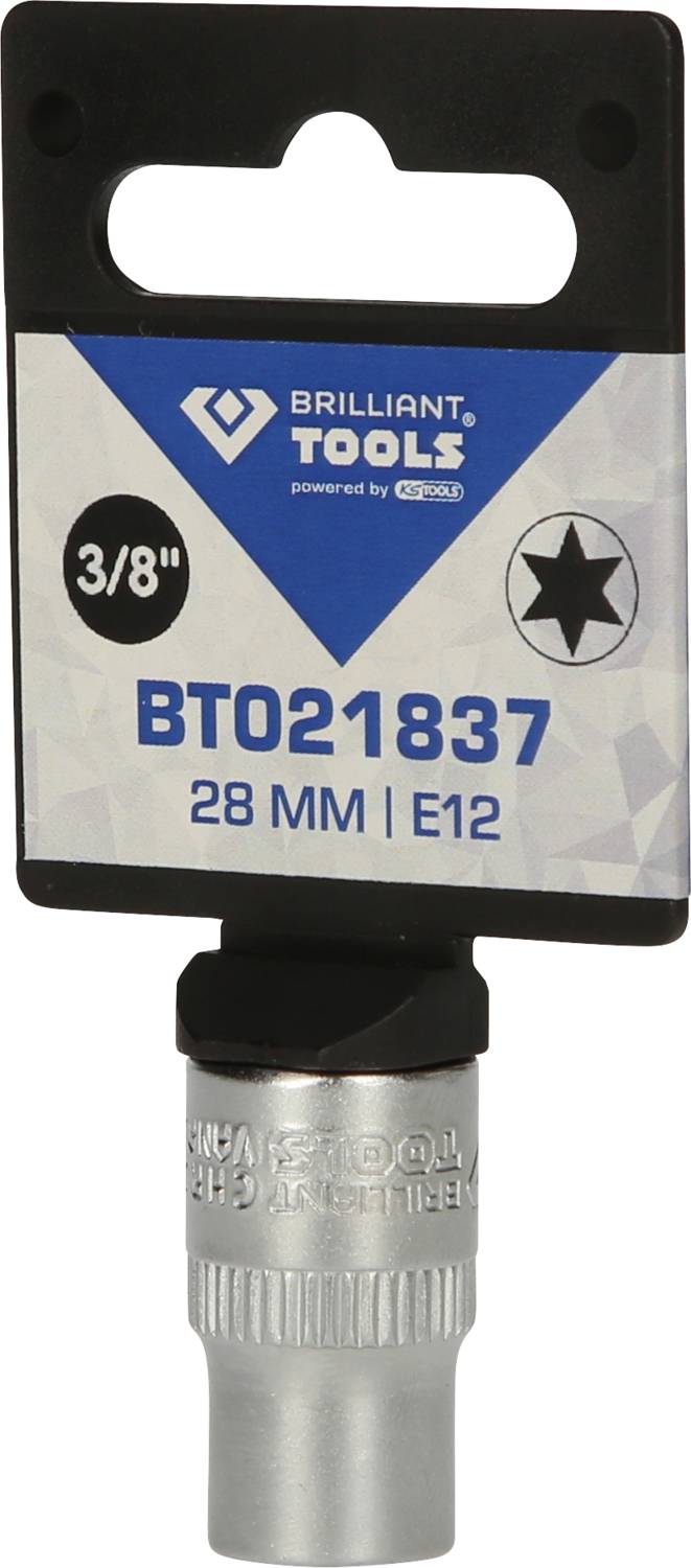 Steckschlüsseleinsatz mit E12-Profil, 3/8 Zoll, Länge 28 mm, von Brilliant Tools, Nummer BT021837, in einer Verpackung.