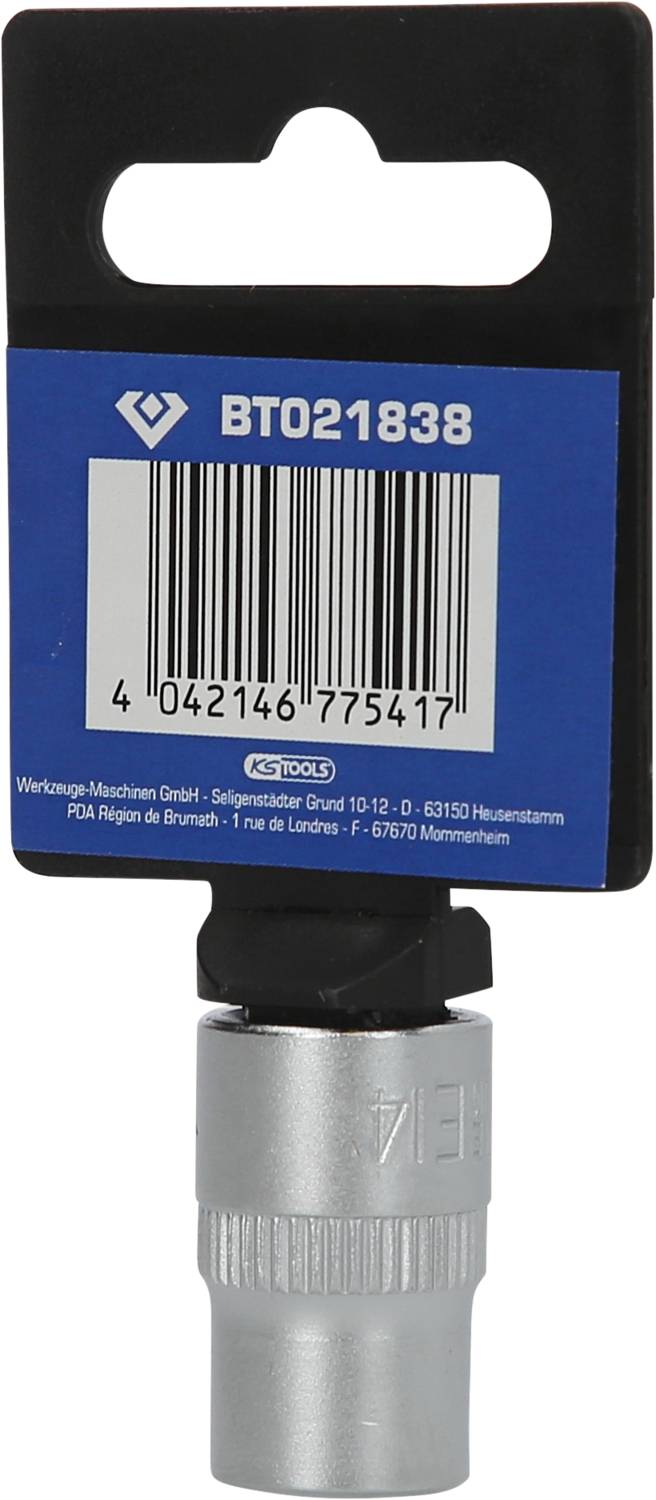 Stecknuss mit Halterung und Barcode. Artikelnummer BT021838. EAN-Nummer unter Barcode abgebildet. Werkzeugmaschine GmbH Logo sichtbar.