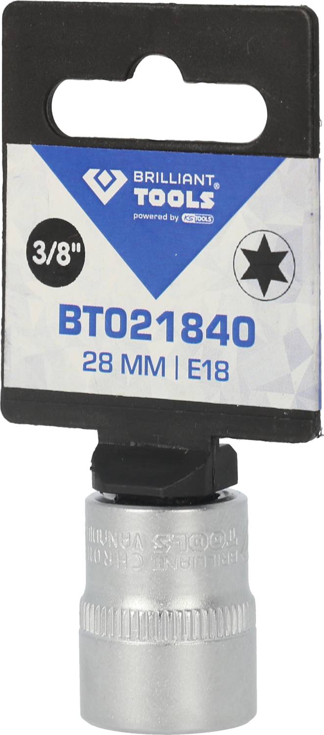 Eine E-Torx-Stecknuss von Brilliant Tools. Größe E18, 3/8 Zoll Antrieb, 28 mm Länge. Geeignet für entsprechende Befestigungen.