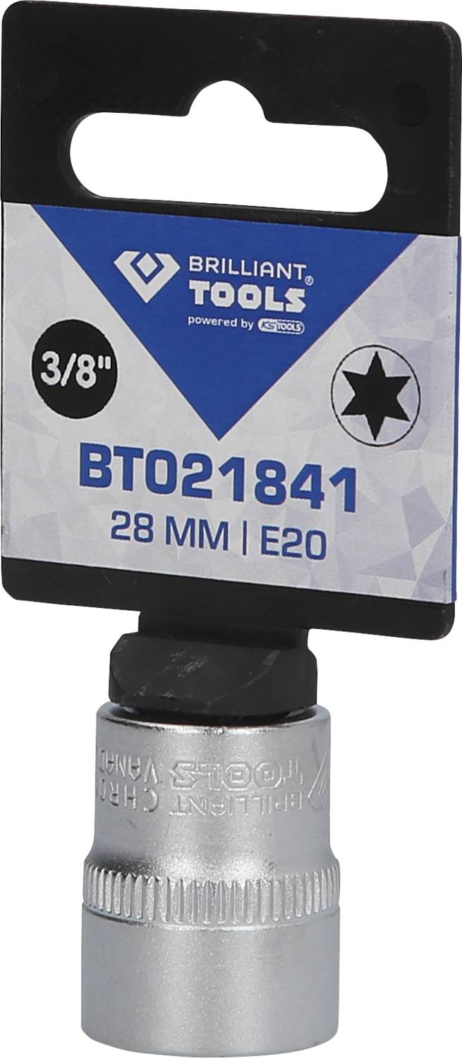 Steckschlüssel von Brilliant Tools, Modell BT021841, Größe 28 mm, E20, mit 3/8-Zoll-Antrieb.
