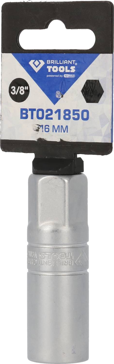 Stecknuss mit Verpackung, 16 mm, 3/8 Zoll Antrieb, von Brilliant Tools. Silvernes Metallwerkzeug unterhalb schwarzer und blauer Verpackung.