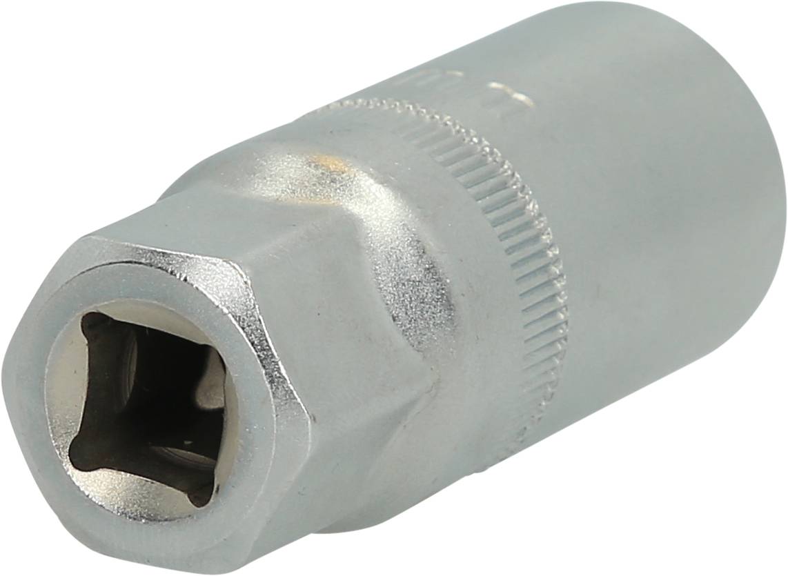 Silberne Sechskant-Stecknuss, zylindrische Form, mit geriffeltem Griff für besseren Halt, verwendet für Schraubarbeiten in der Mechanik.