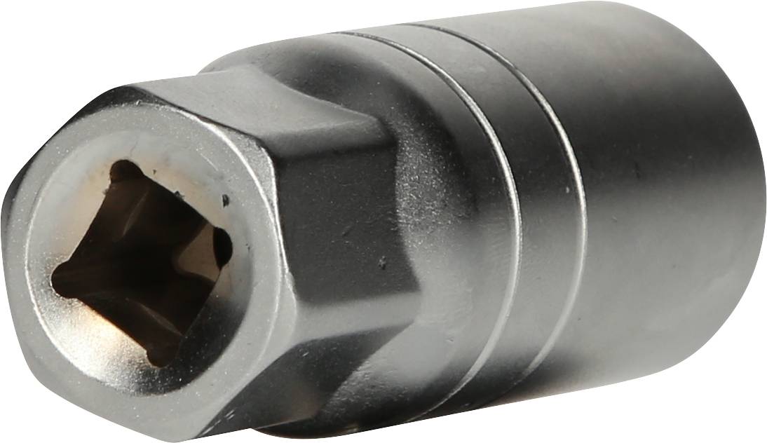 Metallischer Steckschlüsseladapter, zylindrische Form, mit sechseckiger Aufnahme und glatter, glänzender Oberfläche.