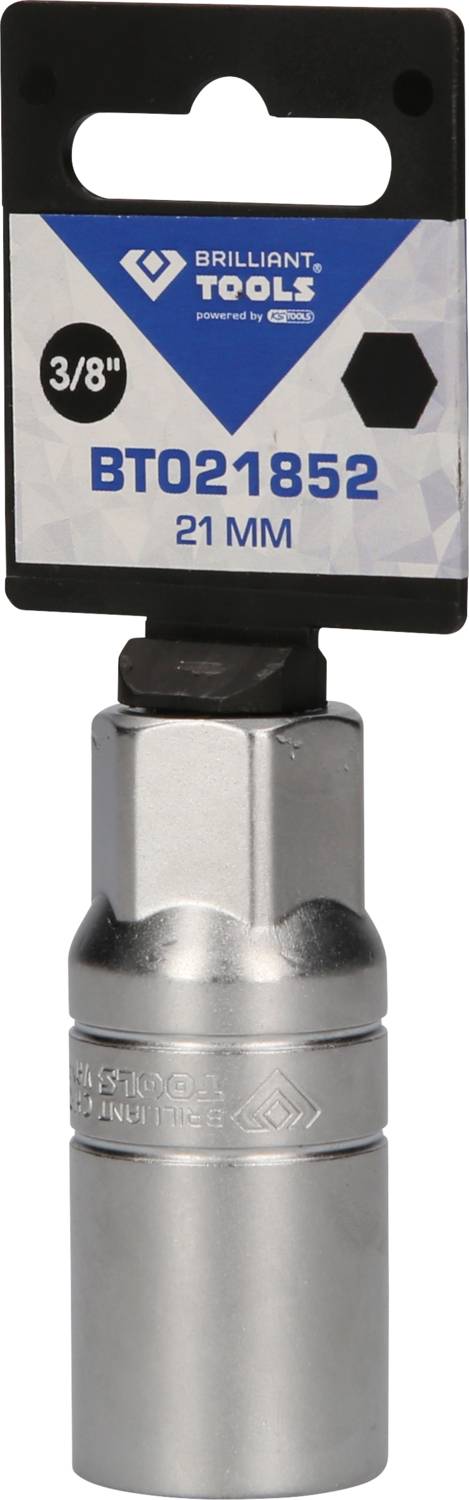 Stecknuss von Brilliant Tools, 3/8 Zoll, BT021852, 21 mm. Geeignet für verschiedene Schraubanwendungen. Verpackungsaufhängung oben.