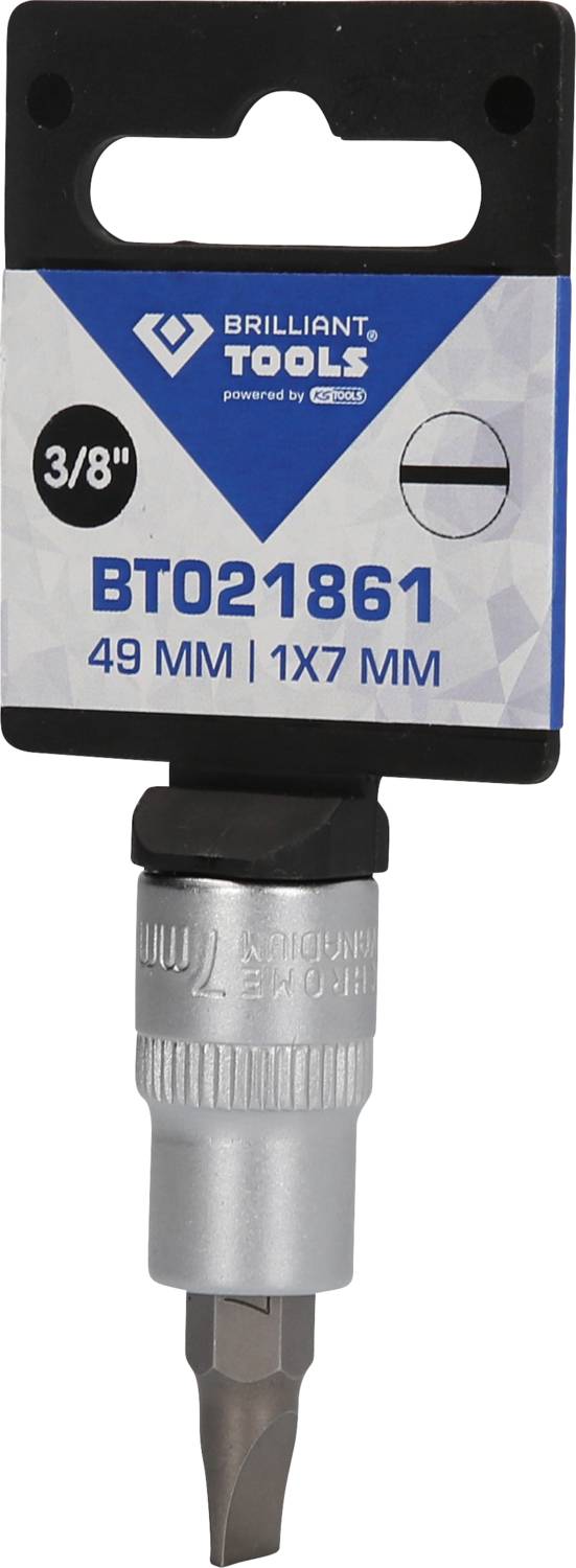 'Brilliant Tools' Bithalter, 3/8 Zoll, Länge 49 mm, mit Aufschrift 'BT021861'. Quadratischer Schaftadapter und Bitaufnahme sichtbar.