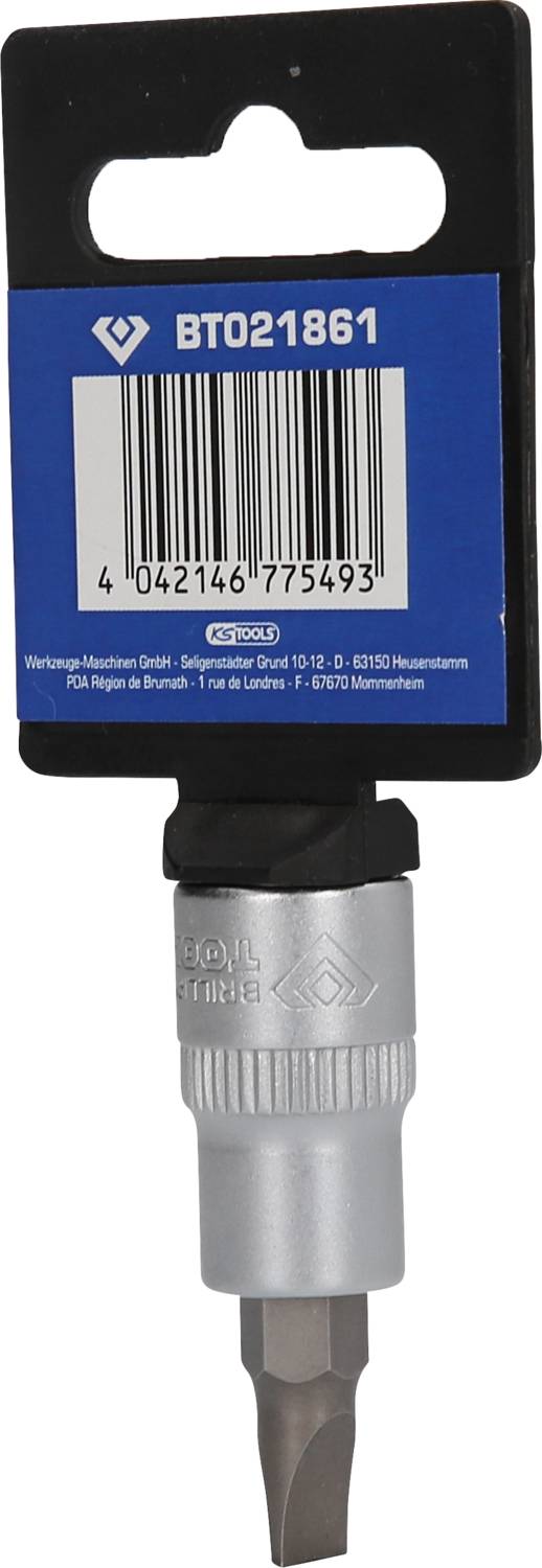Schraubendreher-Bit mit Produktlabel 'BTO21861', Barcode und Herstellerinformationen auf blauem Hintergrund.