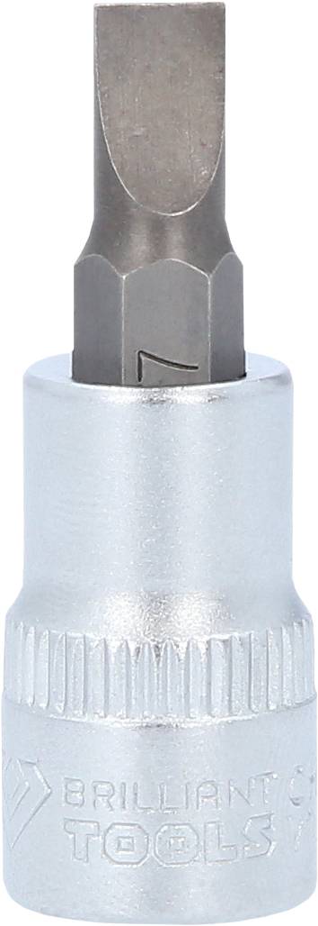 Ein silberner Schraubendrehereinsatz mit flacher Klinge aus Metall, verwendet für Schraubendreherwerkzeuge.