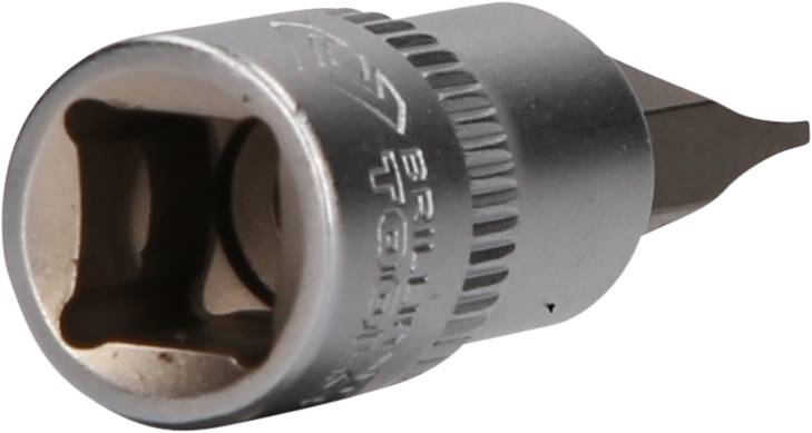 Ein silberner Schraubenzieher-Bitaufsatz mit Vierkant, der an einem geeigneten Werkzeug befestigt werden kann.