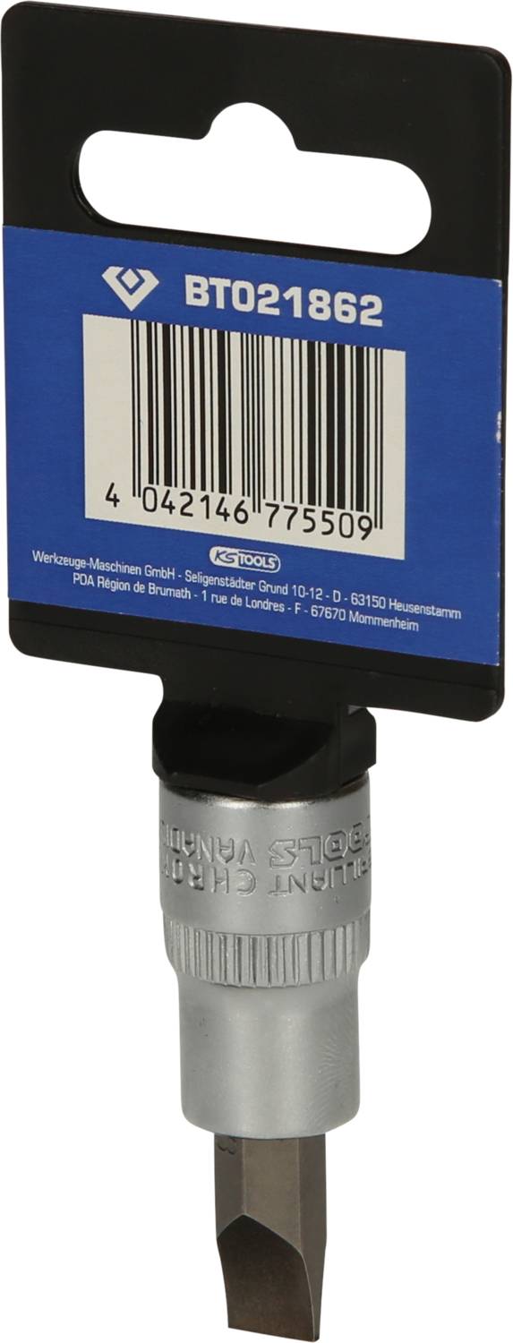 Schraubendrehereinsatz mit Etikett zeigt Barcode und Seriennummer BT021862. Geeignet für Maschineneinsatz, silberfarbene Spitze.