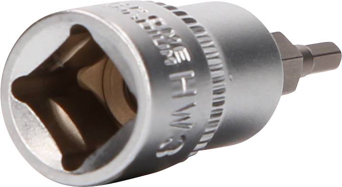 Ein silberner Hex-Bitadapter für Schraubendreher, geeignet zur Verbindung von Bits und Schraubaufsätzen.