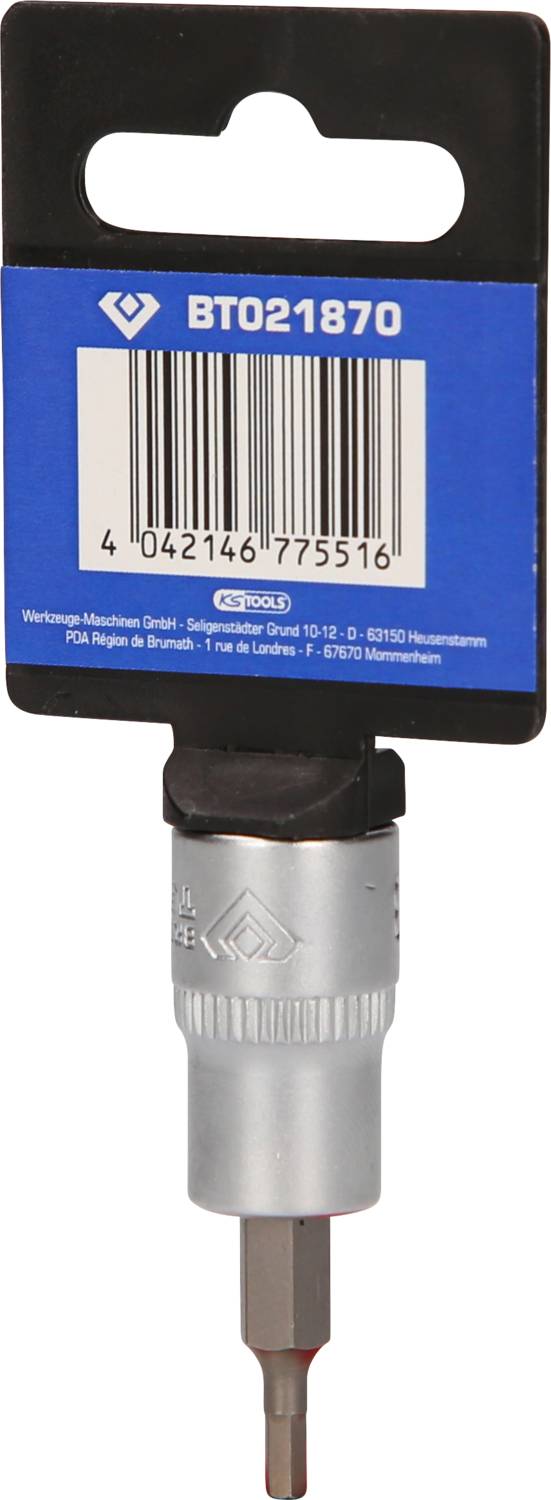 Ein Sechskant-Bithalter mit Verpackungsaufhängung, Markenzeichnung und Strichcode oben. Geeignet für Schraubarbeiten.