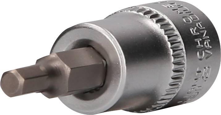 Silberner sechskantiger Steckschlüsseleinsatz mit gerändeltem Rand, auf einem weißen Hintergrund.