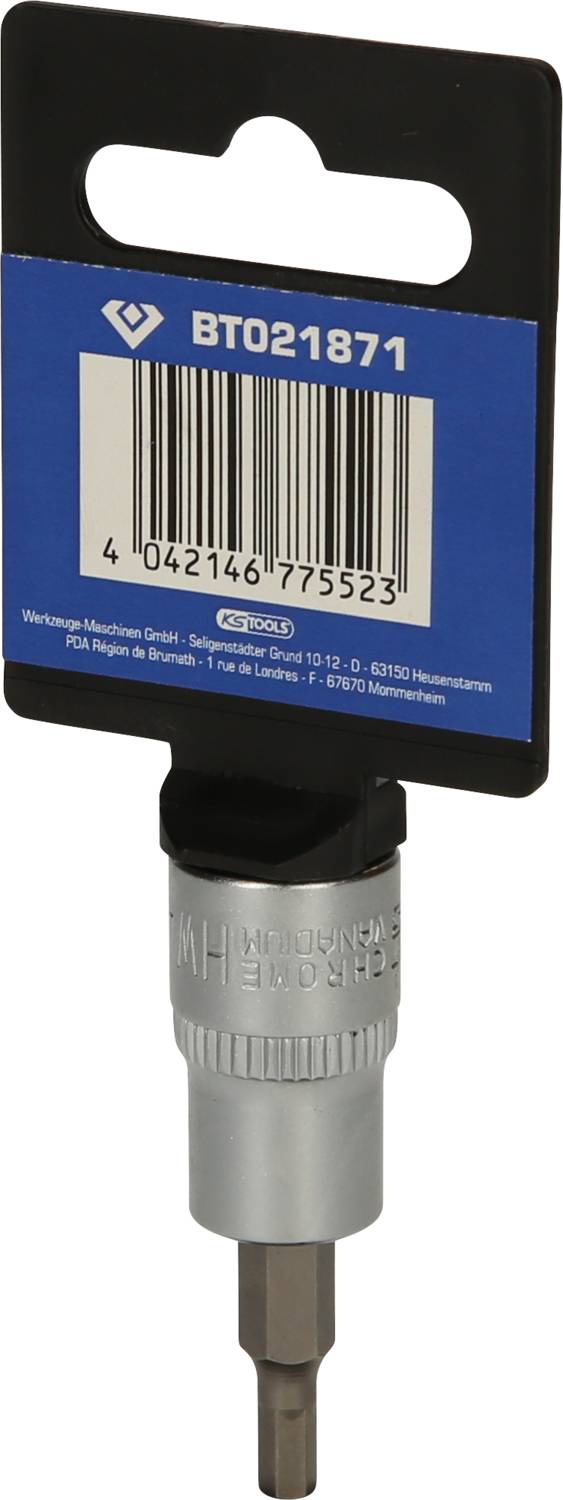 Bit-Schraubendrehereinsatz mit Barcode und Verpackung von GROSS. Geeignet für Sechskantschrauben. Produktnummer BT021871.