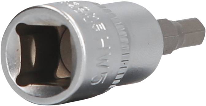 Nahaufnahme eines metallischen Steckschlüsseleinsatzes mit sechseckigem Schaft. Hauptsächlich in der Handwerksarbeit verwendet.