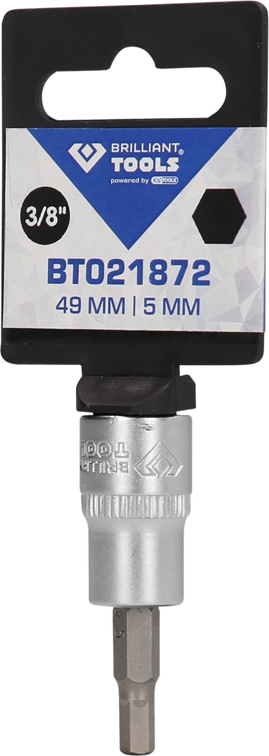 Sechskant-Bit mit Halter, Marke 'Brilliant Tools', Modellnummer BT021872, Größe 49 mm und 5 mm, an einer Verpackung befestigt.