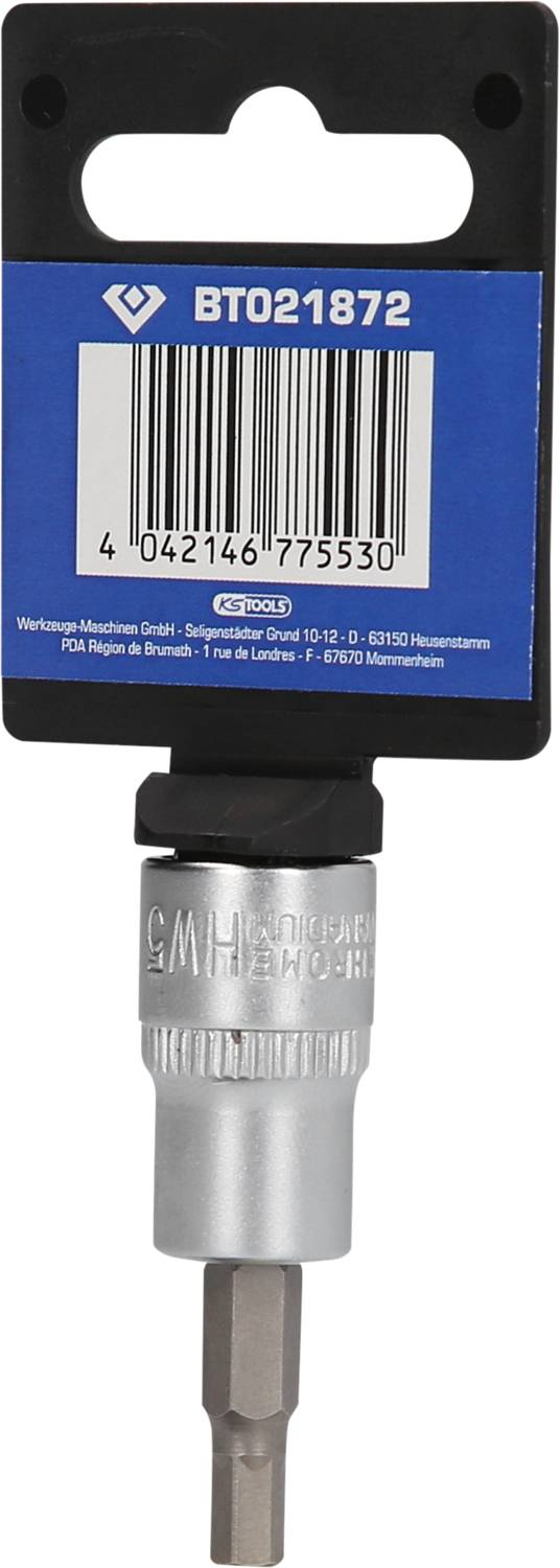 Ein Sechskant-Bithalter mit einer blauen Verpackung. Oben befindet sich eine Produktnummer 'BT021872' und darunter ein Barcode.