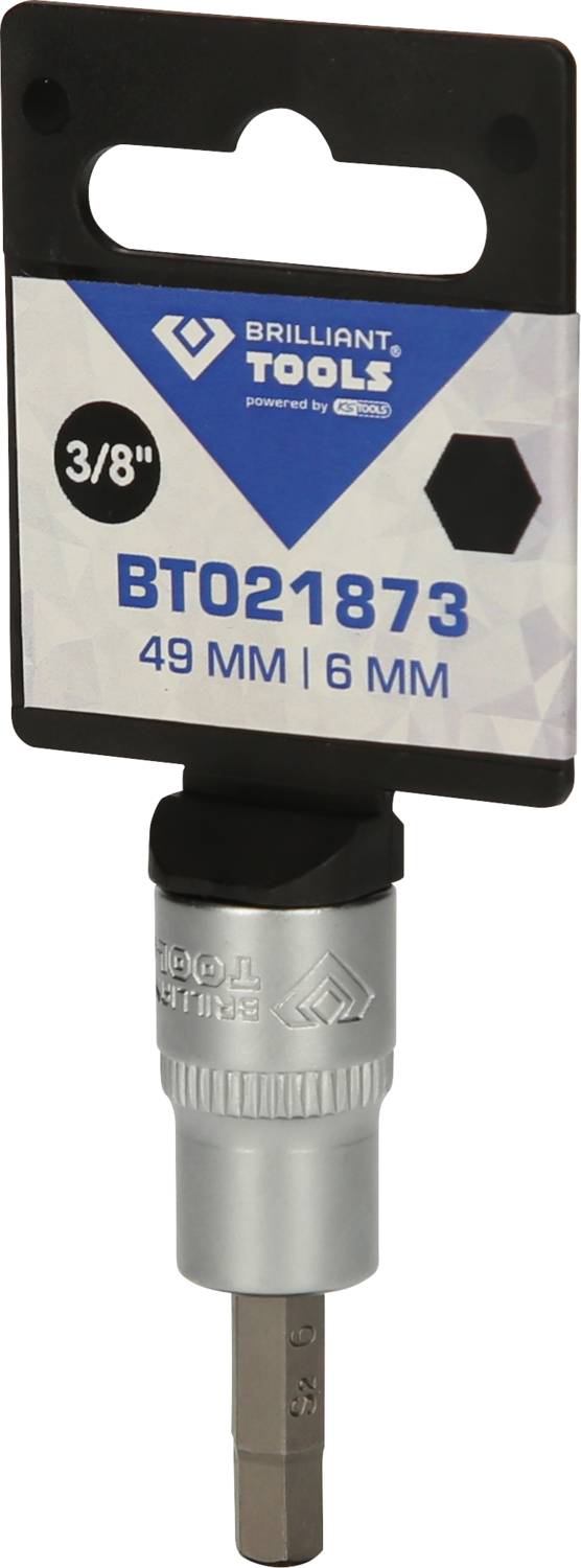 'Silberner Schraubendreherkopf mit schwarzem Griffhalter. Etikett zeigt: Brilliant Tools, 3/8