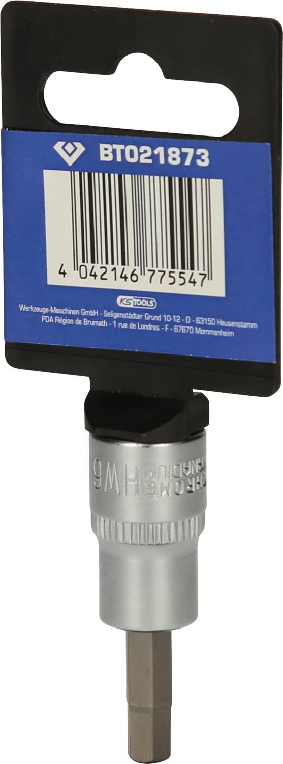 Ein Bit-Einsatz mit Sechskant-Halterung und Barcode auf der Verpackung. Modellnummer 'BT021873'. Geeignet für diverse Werkzeuge.