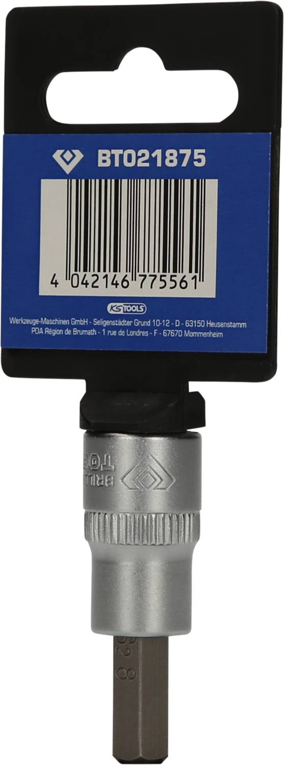 Steckschlüsselaufsatz mit Sechskant-Bit, Modellnummer 'BT021875'. Verpackung zeigt Barcode und Herstellerinformationen.
