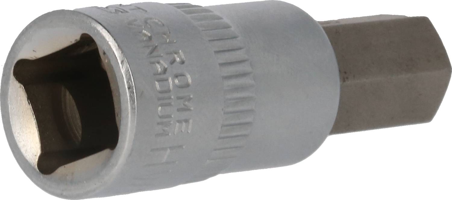 Ein silberfarbener Steckschlüssel, sechskantig mit der Aufschrift 'CHROME VANADIUM', geeignet für die Verwendung mit einem Schraubenschlüssel.