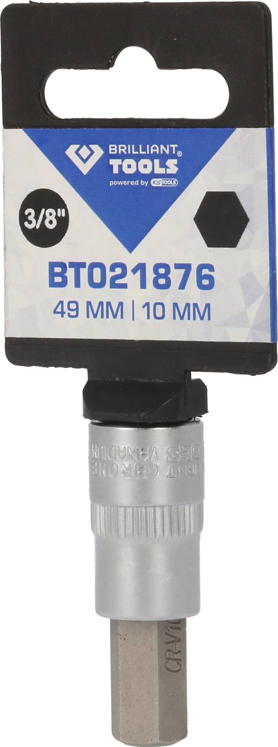 Stecknuss mit 3/8 Zoll Antrieb, Modellnummer BT021876, 49 mm Länge, 10 mm Größe, von 'Brilliant Tools'.