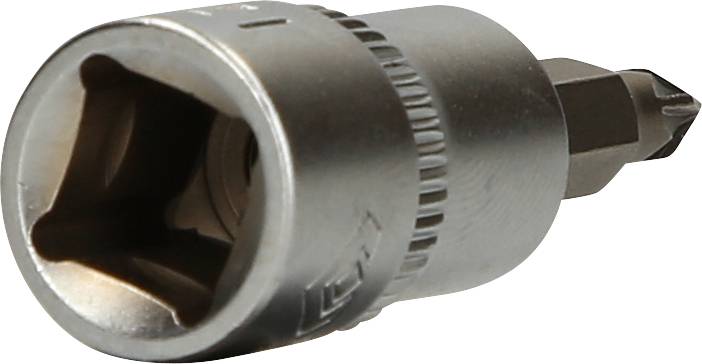 Nahaufnahme eines silbernen Steckschlüssels mit einem sechseckigen Kopf und geriffeltem Griff, vor einem weißen Hintergrund.