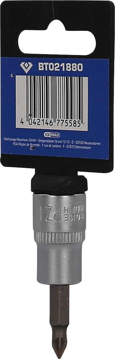 Ein Schraubendreher-Bit in einer Verkaufsverpackung mit einem Barcode und der Nummer 'BT021880'. Geeignet für Kreuzschlitzschrauben.
