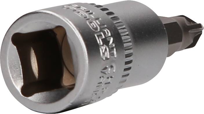 Der Schrauberbit ist sechskantförmig und in einen metallischen Aufnahmesatz integriert. Die Oberfläche ist glänzend und silbern.