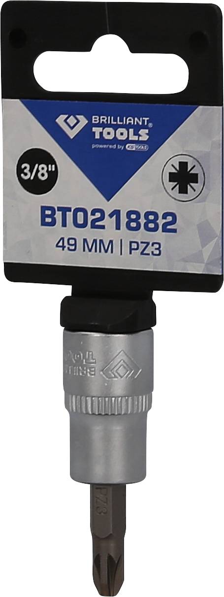 Schraubendreher-Bit mit PZ3-Spitze, Länge 49 mm, Antriebsgröße 3/8 Zoll, in Halterung mit Produktnummer BT021882 von Brilliant Tools.