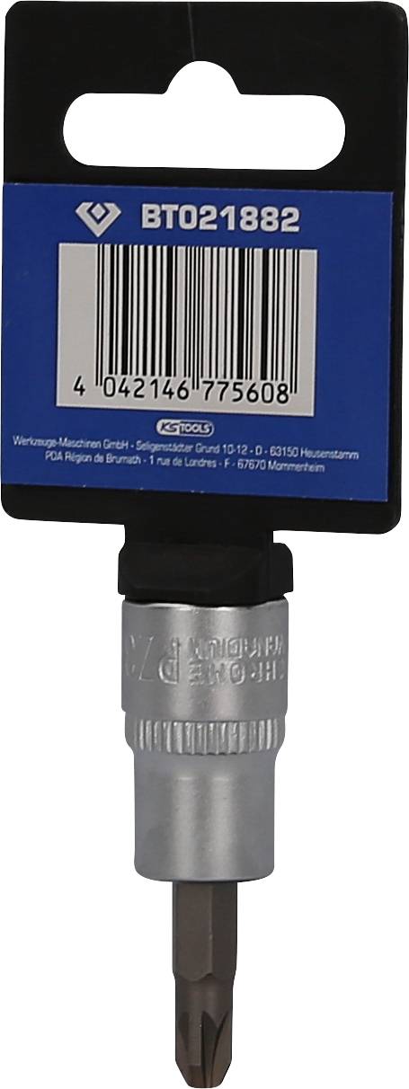 Ein Schraubendreher-Bit in einer Verpackung. Auf der Verpackung stehen eine Produktnummer und ein Barcode.